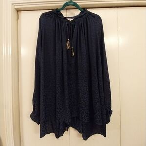 Silk-feel Navy Blue Long Sleeve Blouse